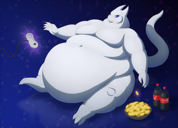 anthro belly beverage big_belly big_moobs bloated chips_(food) chubby_cheeks controller double_chin fat_arms food game_controller huge_belly male moobs morbidly_obese morbidly_obese_anthro navel nintendo_controller obese obese_anthro overweight overweight_anthro psychic psychic_powers simple_background sitting snes_controller soda solo tail telekinesis thick_thighs white-dragon coca-cola earthbound_(series) nintendo super_nintendo giygas alien gieeg 2026 cel_shading hi_res shaded signature