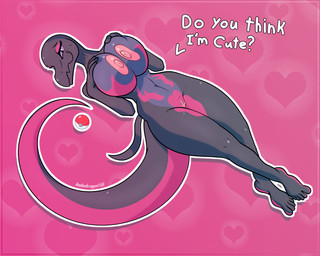 anthro big_breasts black_body black_scales breasts eyeshadow female genitals heart_background heart_pattern heart_symbol looking_at_viewer lying makeup navel nipples non-mammal_breasts nude on_back pattern_background pokeball raised_tail scales simple_background smile solo standard_pokeball tail text thick_thighs vulva dododragon56 nintendo pokemon generation_7_pokemon pokemon_(species) reptile salazzle scalie 5:4 absurd_res cel_shading hi_res shaded