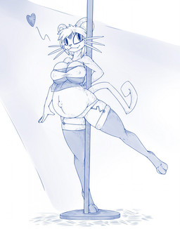 anthro anthrofied between_legs big_breasts big_eyes breasts clothing dancing female hair heart_symbol legwear pokemorph pole pole_between_legs pole_dancing pregnant pregnant_anthro pregnant_female smile solo stockings whiskers wouhlven nintendo pokemon felid generation_1_pokemon mammal persian_(pokemon) pokemon_(species) hi_res line_art monochrome