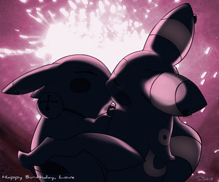 ambiguous/ambiguous ambiguous_gender bell collar duo ear_markings ears_back eyes_closed facial_markings feral feral_on_feral fireworks fur head_markings kissing love markings pivoted_ears simple_background year conditional_dnp insomniacovrlrd nintendo pokemon eeveelution generation_1_pokemon generation_2_pokemon mammal pikachu pokemon_(species) rodent umbreon 2008 signature
