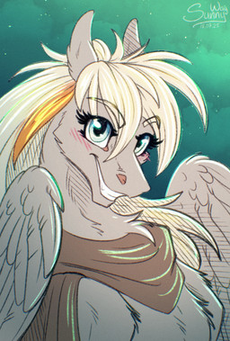 attack blush blush_lines cheeky feathers female scarf smile solo wings sunny_way art_fight artfight2025 hasbro my_little_pony mythology equid equine mammal mythological_creature mythological_equine pegasus hi_res portrait