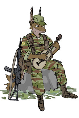 acoustic_guitar anthro boots camo camo_clothing camo_print clothed clothed_anthro clothed_male clothing footwear fully_clothed fully_clothed_anthro fully_clothed_male fur guitar gun hat headgear headwear male military musical_instrument pattern_clothing playing_guitar playing_music plucked_string_instrument ranged_weapon rifle shoes simple_background sitting soldier solo string_instrument text warrior weapon white_background lecorgi mammal 2025 artist_name digital_media_(artwork) hi_res