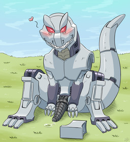3_fingers blush bodily_fluids feral fingers genital_fluids genitals grass grey_body heart_symbol machine male mechanical_genitalia mechanical_penis metallic_body organoid penis plant red_eyes river simple_background solo vavacung zoids zake_(zoids) dinosaur living_machine prehistoric_species reptile saurischian scalie theropod tyrannosaurid tyrannosauroid tyrannosaurus hi_res