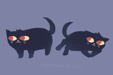 :3 black_body black_fur female feral feralized fur head_tuft lying multiple_poses on_side paws pose purple_background quadruped red_eyes simple_background smile solo standing tail text tuft whiskers yellow_sclera nightmargin night_in_the_woods mae_borowski domestic_cat felid feline felis mammal 2021 artist_name colored dated hi_res