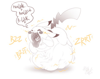 after_vore belly big_belly duo feral huge_belly male overweight simple_background speech_bubble text tongue tongue_out vore white_background cownugget nintendo pokemon generation_1_pokemon human mammal pikachu pokemon_(species) 2023