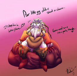 ambiguous_gender ambiguous_prey anthro belly belt big_belly big_breasts blush bodily_fluids bottomwear breasts clothing cybernetic_arm cybernetic_limb deep_navel digestion digestion_noises drooling featureless_breasts female fur grey_body grey_fur grey_hair hair mask mechanical_arm multicolored_body multicolored_fur navel neck_tuft one_eye_closed overweight overweight_anthro overweight_female pants rumbling_stomach saliva sitting solo sound_effects star sweat teeth text tongue tongue_out tuft two_tone_body two_tone_fur vore weight_gain white_body white_fur radarn_(artist) bandai_namco digimon digimon_(species) wolvermon 2025 digital_media_(artwork) english_text hi_res