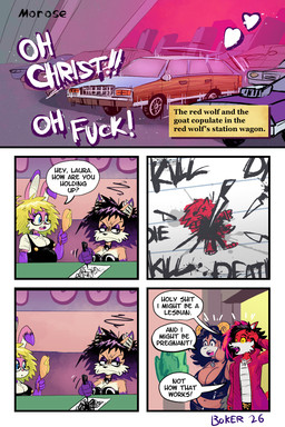 angry anthro big_breasts black_choker black_clothing black_hair black_jewelry black_necklace black_topwear blonde_hair blue_eyes breasts car car_sex cheek_tuft choker cleavage clothed clothing corndog creating_art dialogue drawing_(action) drawing_(object) ear_piercing eyeshadow facial_tuft female female/female food frown fur group hair head_wings industrial_piercing industrial_piercing_ladder jealous jewelry looking_away makeup neck_bolts necklace orange_body orange_fur orientation_play parking_lot piercing pink_body pink_fur profanity purple_body purple_eyeshadow purple_fur purple_hair questioning_sexuality red_trenchcoat sex sleeveless_topwear station_wagon straight_to_gay surgical_suture text topwear tuft unusual_wing_placement vehicle walking_away white_body white_fur wings yellow_sclera boker laura_derose lilith_(boker) mary_(boker) val_(boker) bat-eared_fox bovid canid canine canis caprine fox goat lagomorph leporid mammal rabbit red_wolf wolf 2:3 artist_name comic english_text signature
