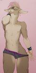 anthro armor athletic athletic_anthro athletic_male bracelet bracers brown_body brown_fur bulge clothing clothing_pull ear_piercing eyes_closed femboy fur furry-specific_brand grey_clothing grey_underwear hair hand_behind_head highlights_(coloring) jewelry male piercing pink_hair pose slim small_waist smile smiling_at_viewer solo tan_body tan_fur text text_on_clothing text_on_underwear thick_thighs twunk underwear underwear_pull wide_hips morenor orange.slice koan_(morenor) kangaroo macropod mammal marsupial