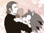 anthro blush clothed clothing dancing duo facial_hair green_eyes male mostly_nude suit posaune76 konami metal_gear sega sonic_the_hedgehog_(series) solid_snake sonic_the_hedgehog eulipotyphlan hedgehog human mammal monochrome pink_and_white