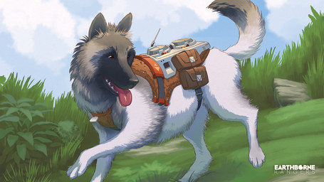 ambiguous_gender antenna_wire day feral fur grass grey_body grey_fur looking_away outside plant science_fiction smile solo tail tongue tongue_out evan_simonet earthborne_rangers oru_(earthborne_rangers) canid canine canis domestic_dog mammal 16:9 hi_res official_art widescreen