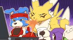 accessory anthro beverage blue_body blue_fur computer container cup electronics female fur group headband humor laptop male mug reaction_contrast spitting_drink trio yellow_body yellow_fur dahecksajerry bandai_namco digimon canid digimon_(species) gaomon mammal renamon terriermon 16:9 widescreen