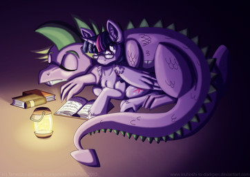 book cutie_mark duo eyes_closed eyewear feathered_wings feathers female feral fur fuzzy glasses hair horn lamp lantern lying male multicolored_hair purple_body purple_eyes purple_fur purple_hair purple_scales reading scales sitting sleeping spines tail two_tone_hair wings inuhoshi-to-darkpen friendship_is_magic hasbro my_little_pony mythology spike_(mlp) twilight_sparkle_(mlp) dragon equid equine mammal mythological_creature mythological_equine mythological_scalie scalie winged_unicorn 2013