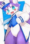 ambiguous_gender anthro belly_tuft blue_eyes blush blush_lines cheek_tuft clothing cute_fangs dipstick_tail facial_tuft fangs fluffy fur glistening glistening_eyes hands_on_clothing hat headgear headwear inner_ear_fluff kemono looking_at_viewer markings multicolored_body neck_tuft necktie open_mouth pupils purple_body purple_fur purple_tail raised_tail sailor_cap simple_background slit_pupils solo sparkles sweater sweater_vest tail tail_markings teeth topwear tuft two_tone_body vest white_body white_fur young young_anthro dinogaize ametis canid canine fox mammal 2022