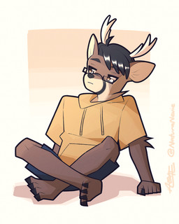 4_toes 5_fingers anthro antlers black_eyebrows black_hair black_nose bottomwear brown_body brown_eyes brown_fur clothed clothing eyebrows eyewear feet fingers fur glasses hair hooved_toes hooves horn inner_ear_fluff male multicolored_body multicolored_fur shirt shorts sitting solo tan_inner_ear_fluff toes topwear tuft white_antlers naturanevie deer mammal 4:5 hi_res shaded
