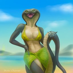 anthro beach bikini bikini_top breasts claws clothing fangs female forked_tongue looking_at_viewer mouth_shot nipple_outline non-mammal_breasts open_mouth open_smile outside ring smile solo standing swimwear teeth thick_thighs tongue two-piece_swimsuit wide_hips alvanarry ingrid_(alvanarry) reptile scalie snake 1:1