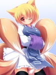 big_breasts black_clothing black_legwear black_thigh_highs blonde_hair blush breasts clothing female front_view hair legwear looking_at_viewer multi_tail one_eye_closed open_mouth red_eyes scapular short_hair slim slim_female slim_humanoid solo standing tabard tail thigh_highs wink liya touhou ran_yakumo animal_humanoid canid canid_humanoid canine canine_humanoid fox fox_humanoid humanoid mammal mammal_humanoid 3:4 absurd_res hi_res portrait three-quarter_portrait