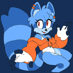 anthro bare_shoulders big_tail black_nose blue_body blue_ears blue_fur blue_hair blue_hands blue_tail clothed clothed_anthro clothing eyebrows eyelashes female female_anthro fingers fluffy fluffy_tail fur hair handwear huge_tail looking_at_viewer markings ring_(marking) ringed_tail solo striped_markings striped_tail stripes tail tail_markings tail_motion tailwag tuft two_tone_tail ravrous mammal procyonid raccoon hi_res