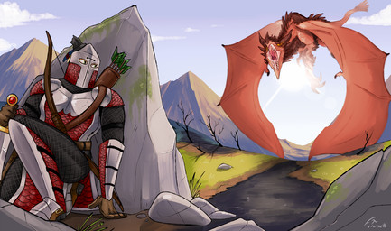 ambiguous_gender armor backlighting breastplate brown_horn chainmail cloud duo flying front_view headgear helmet holding_melee_weapon holding_object holding_sword holding_weapon horn light male melee_weapon open_mouth outside red_body red_scales red_tail rock scales sharp_teeth sky sun sword tail teeth weapon swampjaws mythology azerus_(imperatorcaesar) bloodscale_(imperatorcaesar) dragon human mammal mythological_creature mythological_scalie scalie lighting signature