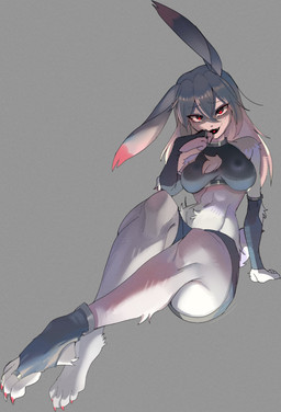 4_toes anthro armwear big_breasts blonde_hair bottomwear breasts chest_tuft clothing elbow_gloves eyelashes feet female footwear fur gloves hair handwear long_ears long_hair looking_at_viewer midriff navel open_mouth open_smile red_eyes shorts sitting smile solo toes topwear tuft white_body white_fur psibunny lagomorph leporid mammal rabbit 2026 absurd_res hi_res