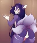 anthro anus backsack balls bedroom_eyes biped blush butt erection femboy fur genitals hair half-closed_eyes long_hair looking_at_viewer looking_back male multi_tail narrowed_eyes nude penis purple_body purple_fur purple_hair seductive smile solo stripes tail white_body white_fur suelix miko_(snowweaver) canid canine fox mammal digital_media_(artwork) hi_res