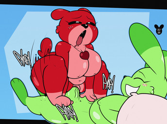 anthro big_breasts black_nose black_sclera blue_background blush breasts duo erection eyes_closed female fur genitals green_body green_fur gynomorph gynomorph/female intersex intersex/female onomatopoeia orgasm penetration penis red_body red_fur red_tail simple_background smile sound_effects tail text thick_thighs vaginal vaginal_penetration vulva white_eyes wide_hips luanctoons mob_entertainment poppy_playtime smiling_critters bobby_bearhug hoppy_hopscotch bear lagomorph leporid mammal rabbit 2025 absurd_res digital_drawing_(artwork) digital_media_(artwork) hi_res