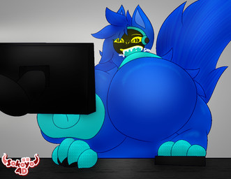 4_fingers anthro areola big_breasts blue_body blue_fur blue_hair bodily_fluids breast_play breast_suck breastfeeding breastmilk breasts claws computer computer_keyboard computer_mouse cybernetics drinking electronics female fingers fur furniture hair huge_breasts keyboard long_tail looking_at_monitor machine nipple_fetish nipple_play nipple_suck nude onomatopoeia protogen_visor self_suckle solo sound_effects sucking tail text yellow_eyes sokoyo_owo titty_sucking_method starry_(sokoyo_owo) canid canine cyborg mammal protogen meme