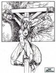 anthro bdsm bondage bound captured chain cross crucifixion female genitals nipples peril pussy solo submissive submissive_female ronin_(artist) canid canine fox mammal 2015 monochrome