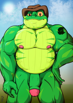 anthro arm_tattoo balls belly big_muscles big_pecs blue_sky clothing front_view genitals glans green_belly green_body hat headgear headwear leaf lily_pad looking_at_viewer male markings musclegut muscular muscular_male nipples orange_eyes pecs penis plant pose simple_background sky slightly_chubby solo standing tattoo vein veiny_penis yongaero amphibian frog hi_res