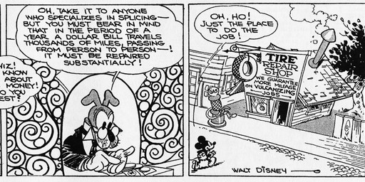 4_fingers anthro bottomwear clothed clothing dialogue duo eyewear fingers footwear glasses gloves handwear inside male money shoes speech_bubble suit text walking floyd_gottfredson hardie_gramatky disney public_domain mickey_mouse canid canine canis domestic_dog mammal mouse murid murine rodent 1930 20th_century absurd_res ancient_art black_and_white comic dated english_text hi_res long_image monochrome signature wide_image