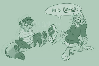 4_toes anthro claws comparing duo feet foot_fetish paws toe_claws toes nicnak044 domestic_cat felid feline felis lynx mammal procyonid raccoon 2017 green_and_white monochrome sketch