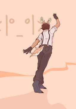 anthro antlers back_pockets barefoot black_bottomwear black_clothing black_gloves black_handwear black_pants bottomwear brown_bottomwear brown_clothing brown_hair brown_pants clothing collared_shirt dress_shirt ears_up feet folds gloves hair handwear hooves horn male markings mole_(marking) pants pose raised_arm rear_view scut_tail shadow shirt short_tail simple_background sleeves solo spots step_pose suspenders tail tan_background topwear waving_hand jazzydeetective caravan_palace jazz_(jazzydeetective) deer mammal new_world_deer white-tailed_deer digital_drawing_(artwork) digital_media_(artwork) hi_res