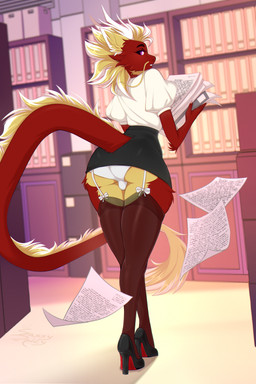 anthro blonde_hair body_hair bottomwear breasts bulge bulge_from_behind butt claws clothed clothed_anthro clothed_gynomorph clothing digitigrade fingers fluffy fluffy_ears fluffy_hair fluffy_tail footwear fur gynomorph hair high_heels holding_object horn intersex legwear multicolored_body multicolored_fur multicolored_hair non-mammal_breasts paper red_body red_fur red_hair school school_uniform shirt shoes skirt smile solo tail tail_tuft thigh_highs topwear tuft underwear uniform whiskers yellow_body yellow_fur sassyspicy asian_mythology east_asian_mythology mythology vitamin_c_(forwardpickup) dragon eastern_dragon mammal mythological_creature mythological_scalie scalie digital_drawing_(artwork) digital_media_(artwork) hi_res