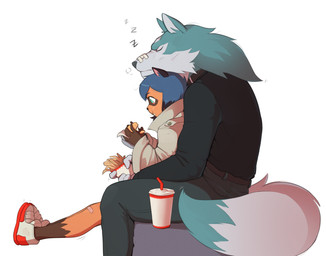 5_fingers anthro beverage blue_body blue_eyes blue_fur blue_hair clothed clothing duo eating female fingers food fries fur hair male male/female conditional_dnp pudgeruffian brand_new_animal cc-by-nc creative_commons studio_trigger michiru_kagemori shirou_ogami canid canine canis mammal raccoon_dog tanuki wolf absurd_res hi_res