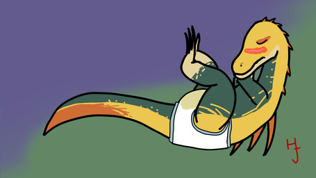 ambiguous_gender blush blush_lines bodily_fluids clothed clothing diaper diaper_fetish diaper_only dorsal_ridge eyes_closed feral genital_fluids green_body green_scales lying on_back scales solo tail topless unclean_diaper urine used_diaper wearing_diaper wet_diaper yellow_body huejagras capcom monster_hunter hue_the_jagras fanged_wyvern jagras 16:9 digital_drawing_(artwork) digital_media_(artwork) hi_res widescreen