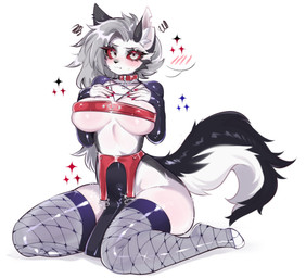 anthro big_breasts blush blush_lines breasts clothed clothing collar embarrassed eyelashes female fishnet_stockings fur grey_body grey_fur grey_hair hair hand_on_chest inner_ear_fluff legwear long_eyelashes long_hair multicolored_body multicolored_fur no_underwear red_collar red_sclera simple_background sitting small_waist solo thigh_highs tuft two_tone_tail white_background white_body white_eyes white_fur fredek666 hellaverse helluva_boss mythology loona_(helluva_boss) canid canid_demon canine demon hellhound mammal mythological_canine mythological_creature 2026 absurd_res colored digital_drawing_(artwork) digital_media_(artwork) hi_res shaded