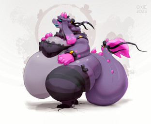 accessory anthro belly big_belly big_breasts biped black_clothing black_eyes black_legwear black_ribbon black_stockings bottomless bottomless_anthro bottomless_female bracket breasts clothed clothing cracked_ground cracks eyelashes female female_anthro floppy_ears furgonomics gloves_(marking) horn huge_belly legwear long_ears markings morbidly_obese morbidly_obese_anthro morbidly_obese_female obese obese_anthro obese_female overweight overweight_anthro overweight_female partially_clothed partially_clothed_anthro partially_clothed_female pattern_clothing pattern_legwear pattern_stockings pink_horn pink_markings pink_sclera pink_spikes purple_body ribbons side_view solo stockings striped_clothing striped_legwear striped_stockings stripes tail tail_accessory tail_ribbon thick_tail miluinaoxie mythology dragon mythological_creature mythological_scalie scalie 2023 digital_media_(artwork) digital_painting_(artwork) full-length_portrait hi_res painting_(artwork) portrait
