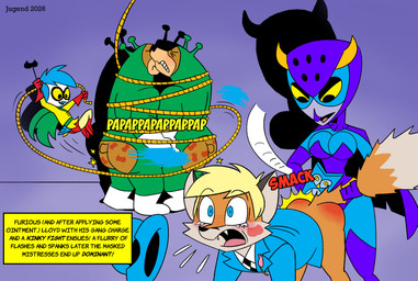 age_difference all_fours anthro armwear beak biped black_nose blonde_hair blue_armwear blue_cape blue_clothing blue_elbow_gloves blue_gloves blue_hair blue_handwear blue_hat blue_headwear blue_jacket blue_legwear blue_leotard blue_mask blue_thigh_boots blue_thigh_highs blue_topwear blush boots bottomless bottomless_male bound bowler_hat butt_cutout butt_slap cape clothed clothed_female clothing countershade_face countershade_fur countershading cutout dipstick_tail domino_mask elbow_gloves eyemask eyewear female footwear fur gloves green_cape green_clothing group hair handwear hat headgear headwear high_heeled_boots high_heels holding_object jacket larger_female larger_male legwear leotard looking_at_another male markings mask older_female older_male open_mouth orange_body orange_fur red_boots red_clothing red_footwear red_gloves red_handwear riding_crop shirt shoes short_hair size_difference slap smaller_female spank_marks spanking superhero superhero_costume tail tail_grab tail_markings teeth text thigh_boots thigh_highs tongue topwear whip white_body white_countershading white_fur white_markings yellow_clothing yellow_sclera yellow_shirt yellow_topwear young young_anthro young_female younger_female jugend tycloud avian bear bird canid canine eurasian_blue_tit fox mammal oscine owl passerine tit_(bird) english_text hi_res