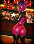 bar beverage big_butt big_ears blue_hair butt clothing crop_top cuffs_(clothing) hair leather leather_clothing leggings legwear looking_at_viewer looking_back male no_pupils purple_body rear_view serving_tray shirt solo thong topwear underwear bustin3d draagen_(bustin3d) humanoid imp 3d_(artwork) absurd_res digital_media_(artwork) hi_res