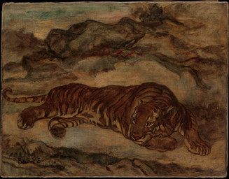 1800s alert ambiguous_gender canvas feral french_artist fur head_on_paws looking_aside lying mountain mouth_closed oil_on_canvas on_ground on_side orange_body orange_eyes orange_fur outside paws pink_nose pupils relaxing resting_head sky slit_pupils solo stripes antoine-louis_barye public_domain felid mammal pantherine tiger 19th_century absurd_res ancient_art formal_art hi_res oil_painting_(artwork) painting_(artwork) signature traditional_media_(artwork) traditional_painting_(artwork)