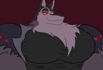 anthro bedroom_eyes big_pecs black_clothing black_nose black_shirt black_topwear clothing eye_scar eyebrows facial_scar fur huge_pecs lidded_eyes looking_at_viewer male maroon_background muscular muscular_anthro muscular_male narrowed_eyes neck_tuft pecs raised_eyebrow red_sclera ripped_sleeves scar seductive shirt simple_background smile smirk solo tight_clothing topwear torn_sleeves tuft muscleartguy helluva_boss mythology vortex_(helluva_boss) canid canid_demon canine canis demon hellhound mammal mythological_canine mythological_creature wolf 2021 absurd_res hi_res