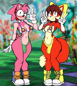 accessory anthro bikini blush bulge clothing duo footwear freckles gesture gloves gynomorph hair_accessory hair_tie hand_gesture handwear intersex navel neck_collar outside shoes swimwear thong two-piece_swimsuit underwear v_sign justtaylor archie_comics classic_sonic_(universe) sega sonic_the_hedgehog_(archie) sonic_the_hedgehog_(comics) sonic_the_hedgehog_(series) amy_rose classic_amy_rose fiona_fox canid canine eulipotyphlan fox hedgehog mammal absurd_res hi_res