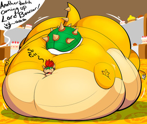 2_horns anthro belly belly_expansion big_belly big_butt butt cake collar dessert dialogue expansion feeding food fur hair horn huge_belly huge_butt hyper hyper_belly immobile inflation lying male on_front open_mouth red_body red_eyes red_fur red_hair red_tongue solo speech_bubble spiked_collar spikes text tongue weight_gain yellow_body terito mario_bros nintendo bowser koopa scalie absurd_res english_text hi_res
