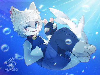 anthro bell bell_collar blue_eyes bubble clothed clothing collar fangs fingerless_gloves fully_clothed gesture gloves hair hand_gesture handwear jingle_bell jingle_bell_collar kemono male one_eye_half-closed solo teeth underwater v_sign water white_hair young young_anthro young_male mungto aquatic fish hybrid mammal shark 2026 hi_res