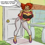 anthro big_breasts bottomwear bra breasts cleavage clothed clothing door ear_piercing ear_ring emanata female flashing footwear grass hair high_heels hoop_ear_ring mature_female outside pants piercing plant raised_clothing raised_topwear red_hair ring_piercing shoes solo speech_bubble standing tan_body text topwear underwear wide_hips window iniquity disney goof_troop peg_pete felid mammal 1:1 2024 colored colored_sketch english_text hi_res sketch