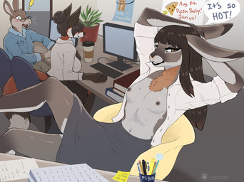 anthro bangs bottomwear breasts brown_body brown_fur brown_hair clothed clothing collared_shirt computer_monitor dress_shirt exhibitionism eyewear female female_focus flashing flashing_breasts fur glasses group hair hands_behind_head inside long_ears male office open_clothing open_shirt open_topwear public public_exposure shirt skirt small_breasts solo_focus topwear trio unbuttoned_shirt unprofessional_behavior wearing_glasses whiskers conditional_dnp puddingpaw canid canine fox hare lagomorph leporid mammal rabbit