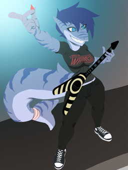 anthro blue_eyes bottomwear breasts clothing electric_guitar female footwear guitar hair holding_guitar holding_musical_instrument holding_object musical_instrument non-mammal_breasts pants plucked_string_instrument sharp_teeth shirt shoes short_hair smile solo standing string_instrument teeth topwear general-irrelevant aquatic fish shark 3:4 digital_media_(artwork) hi_res