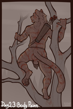 anthro anus arrow_(weapon) backsack balls bodypaint bottomwear brown_balls butt clothed clothing fur genitals ineffective_clothing ineffective_loincloth loincloth male markings paws pink_anus ranged_weapon simple_background smile solo spots tail tribal weapon clyde_wolf kinktober felid feline leopard mammal pantherine 2024 2:3 absurd_res digital_media_(artwork) hi_res