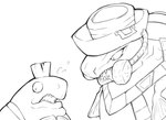 anthro bodily_fluids duo flying_sweatdrops male sweat sweatdrop vacant_eyes vacant_stare lb_aventadors nintendo splatoon big_shot_(splatoon) fish marine salmonid_(splatoon) steelhead hi_res monochrome