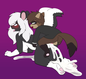 adult_on_young age_difference bodily_fluids bottomless clothed clothing cum dominant dominant_young duo excessive_cum excessive_genital_fluids female from_behind_position genital_fluids male perching_position sex young young_male pencil_bolt tomoji_(pencil_bolt) canid canine mammal mephitid raccoon_dog skunk tanuki hi_res