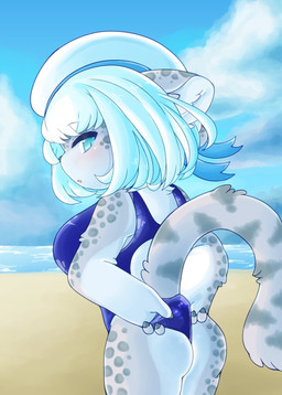 anthro backless_clothing backless_swimsuit beach biped blue_clothing blue_eyes blue_hair blue_swimwear butt clothing female hair hat headgear headwear inner_ear_fluff looking_back one-piece_swimsuit open-back_swimsuit open_mouth outside rear_view sand seaside solo standing swimwear tuft water white_inner_ear_fluff uro_99 felid leopard mammal pantherine 2021 hi_res